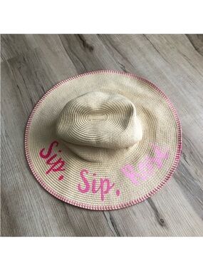 Wide Brim Straw Sun Hat with Pink Script